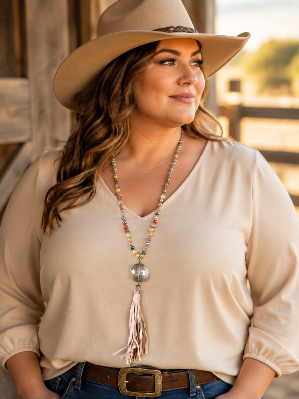 Pink Panache Boho Multicolor Beaded Necklace with Pink Suede Tassel